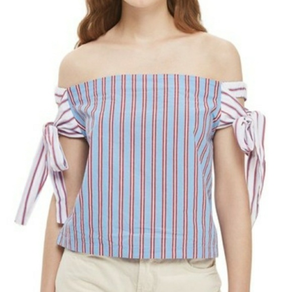 red white and blue off the shoulder shirt